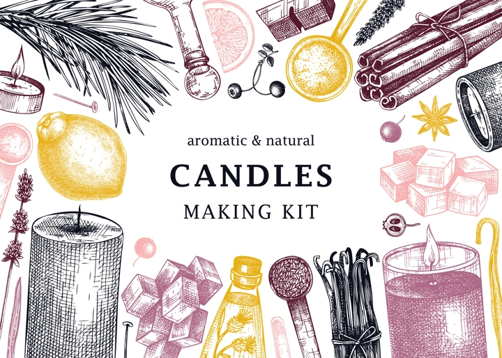 Hand sketched candles ingredients banner. Vintage candles, herbs, wax, fruits, spices, skewers hand drawings background. Perfect for aromatherapy, hobby, handcrafts, candle making.